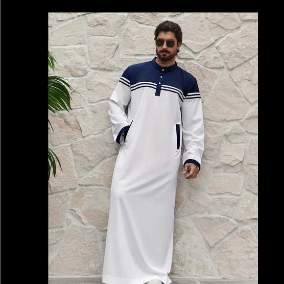 Men Middle Eastern Traditional Thobe Abaya Navy Blue White - Picture 3 of 8